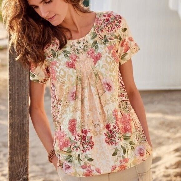 Soft Surroundings Tops - Soft Surroundings Green Yellow Floral Cusabo Top Short Sleeve Top Size large